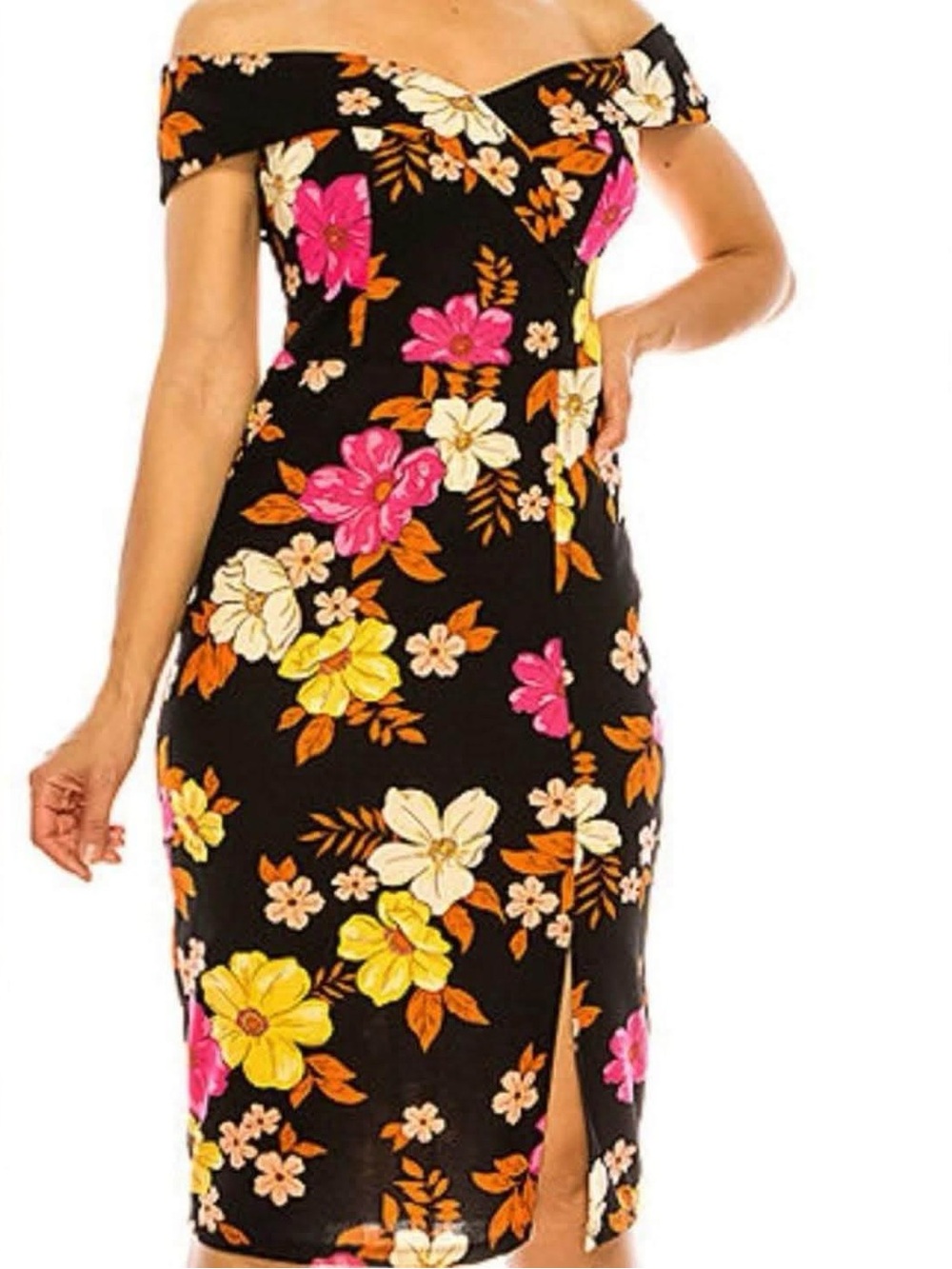 Off-Shoulder Floral Midi Dress in Black with Pink & Yellow Blooms